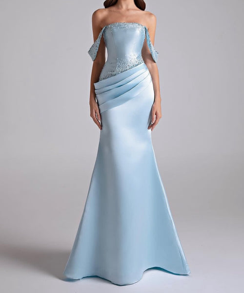 Baby Blue Off Shoulder Crystal Beaded Satin Mermaid Formal Evening Gown