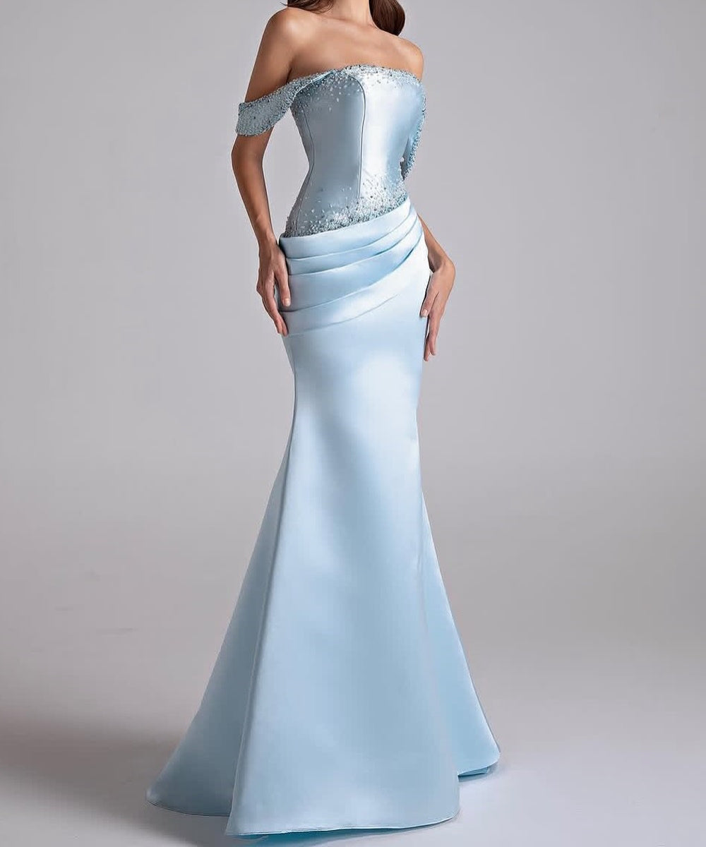 Baby Blue Off Shoulder Crystal Beaded Satin Mermaid Formal Evening Gown