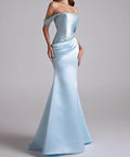 Baby Blue Off Shoulder Crystal Beaded Satin Mermaid Formal Evening Gown