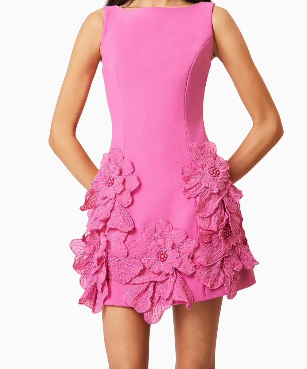 Hot Pink Sleeveless Boat Neck 3D Floral Appliqué Mini Cocktail Dress