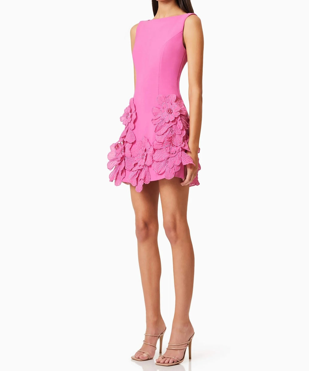 Hot Pink Sleeveless Boat Neck 3D Floral Appliqué Mini Cocktail Dress