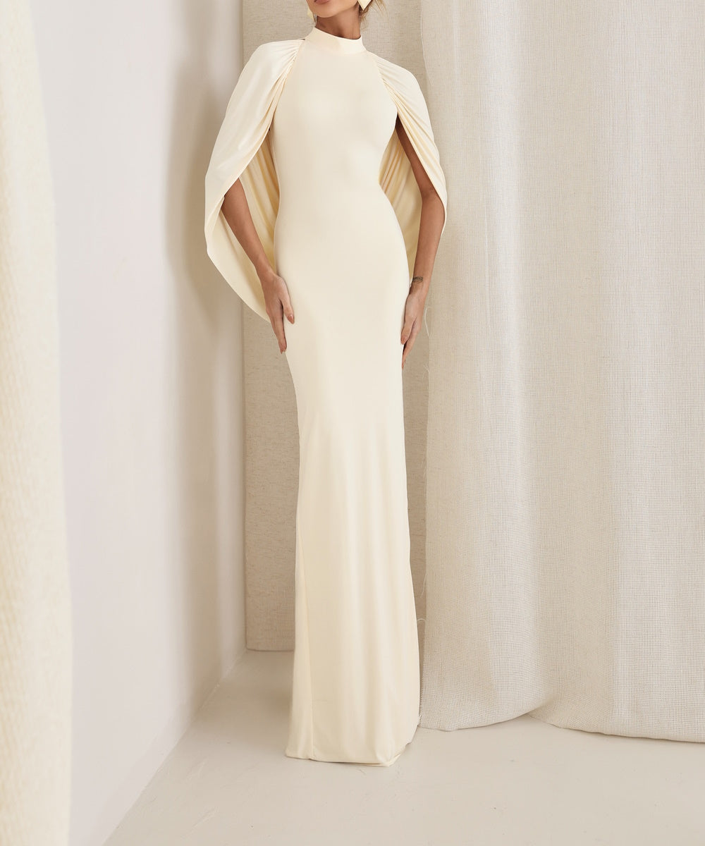 Cream High Neck Cape Sleeve Cowl Back Mermaid Maxi Evening Gown