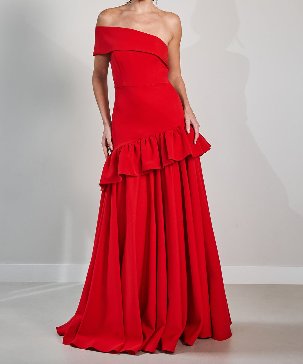 Red One Shoulder Asymmetrical Ruffle Maxi Evening Gown