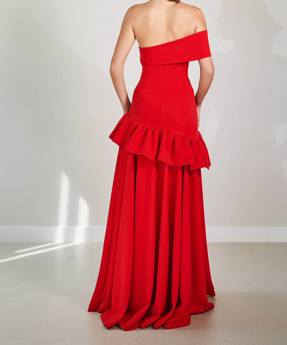 Red One Shoulder Asymmetrical Ruffle Maxi Evening Gown