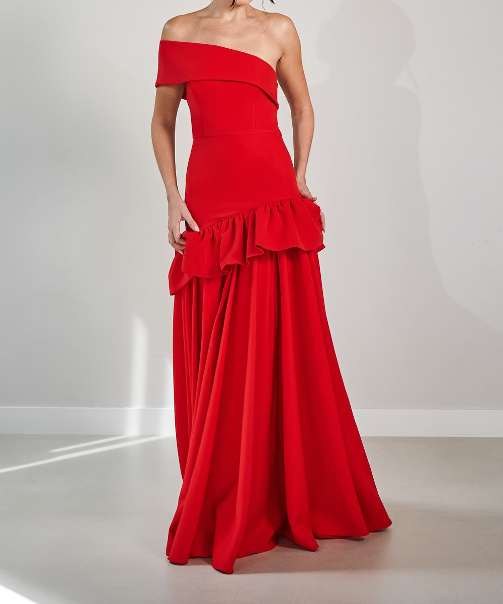 Red One Shoulder Asymmetrical Ruffle Maxi Evening Gown