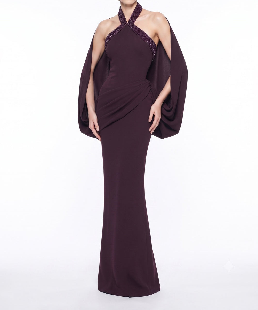 Plum Beaded Halter Mermaid Evening Gown With Cape Sleeves