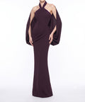Plum Beaded Halter Mermaid Evening Gown With Cape Sleeves