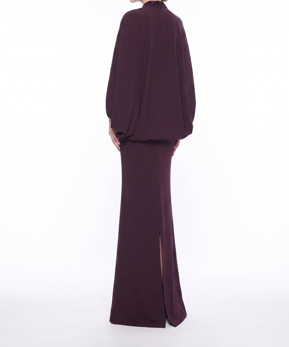 Plum Beaded Halter Mermaid Evening Gown With Cape Sleeves