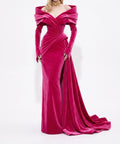 Fuchsia Off‑the‑Shoulder Velvet Mermaid Gown With Draped Train