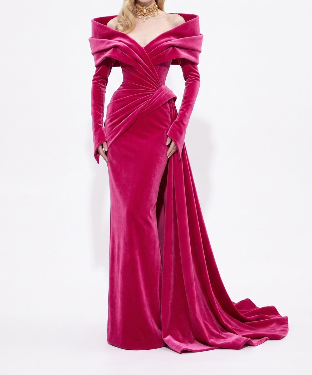 Fuchsia Off‑the‑Shoulder Velvet Mermaid Gown With Draped Train