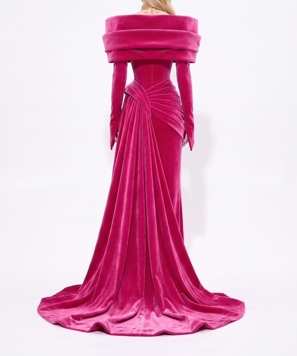 Fuchsia Off‑the‑Shoulder Velvet Mermaid Gown With Draped Train