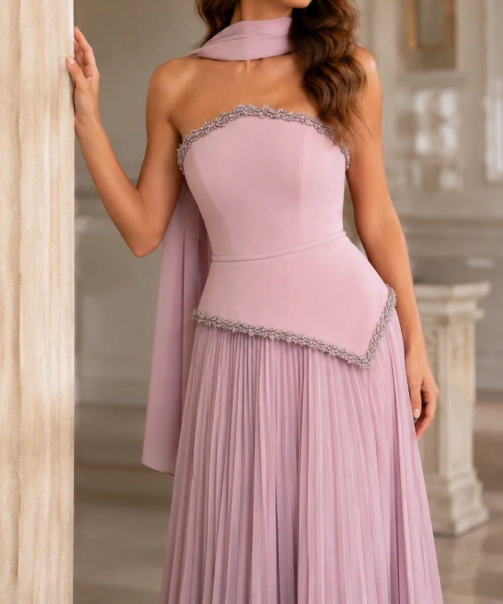 Dusty Pink Strapless Beaded Pleated Chiffon Evening Gown With Neck Sash