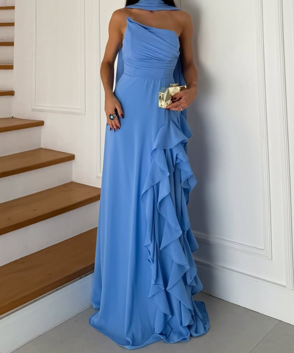 Sky‑Blue One‑Shoulder Ruffled Chiffon Maxi Evening Gown With Neck Sash