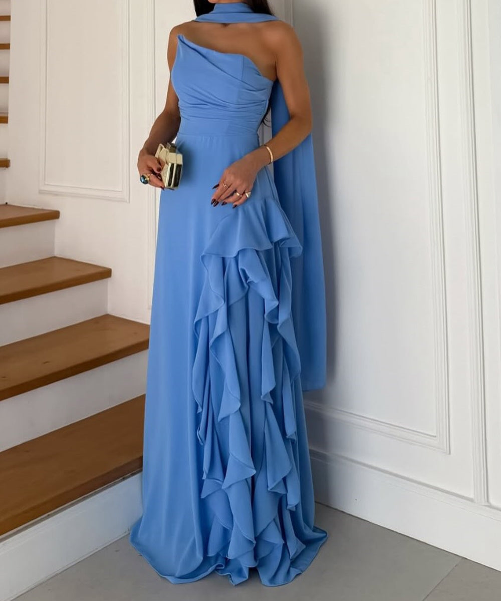 Sky‑Blue One‑Shoulder Ruffled Chiffon Maxi Evening Gown With Neck Sash
