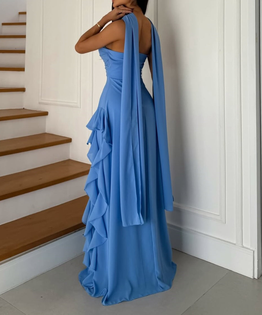 Sky‑Blue One‑Shoulder Ruffled Chiffon Maxi Evening Gown With Neck Sash