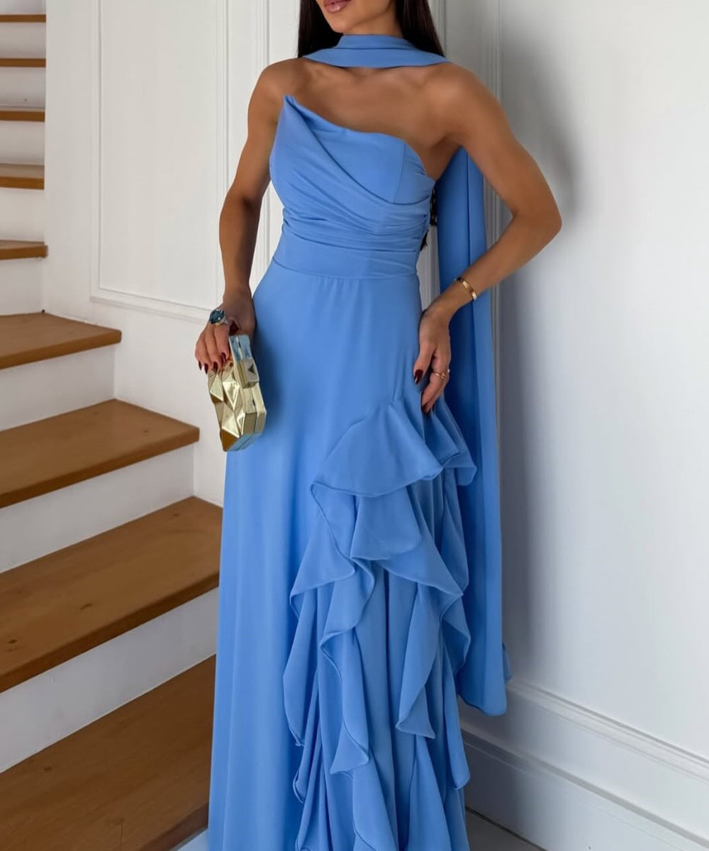 Sky‑Blue One‑Shoulder Ruffled Chiffon Maxi Evening Gown With Neck Sash