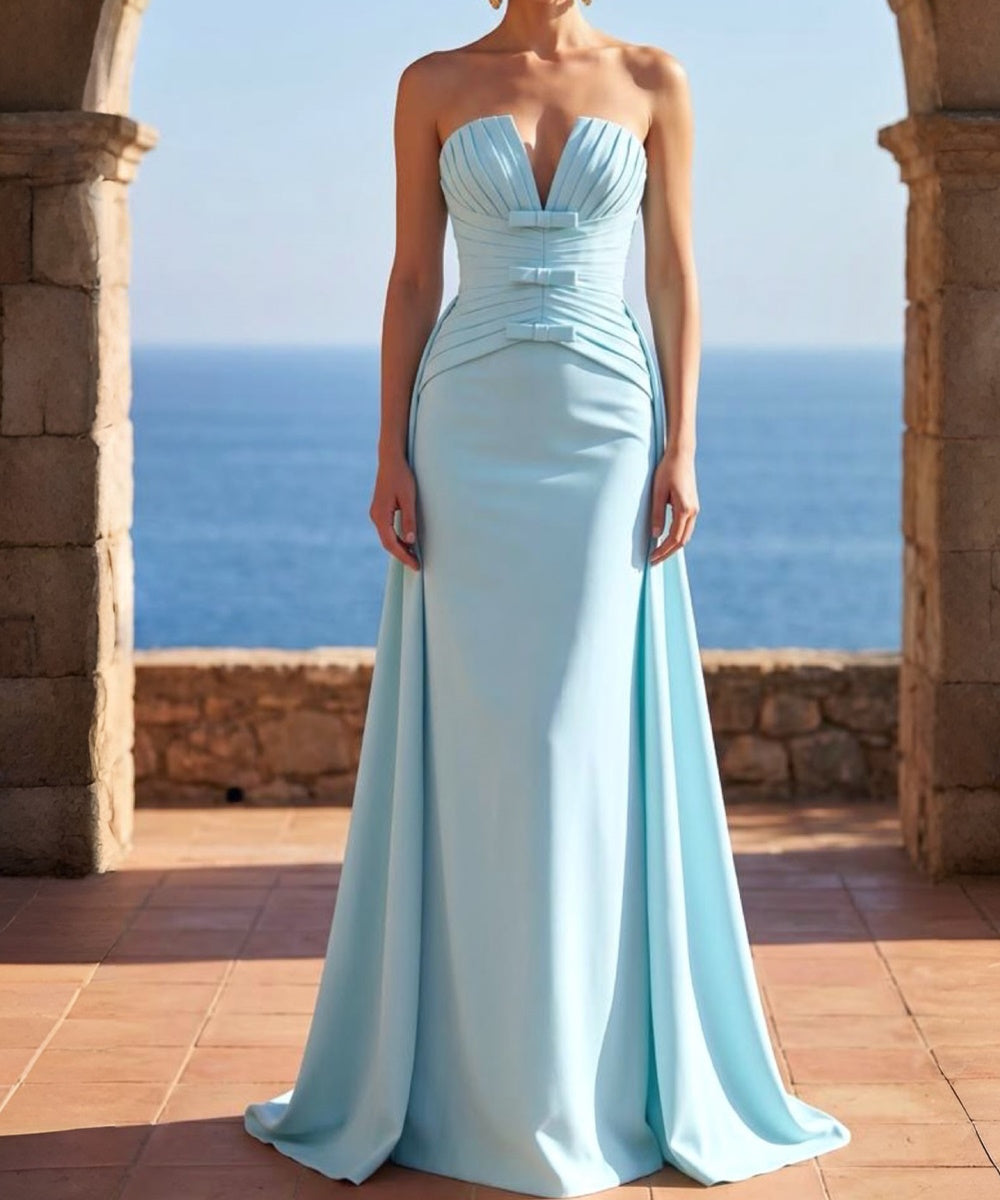 Light Sky‑Blue Strapless Pleated Mermaid Evening Gown With Bow Details & Overlay Train