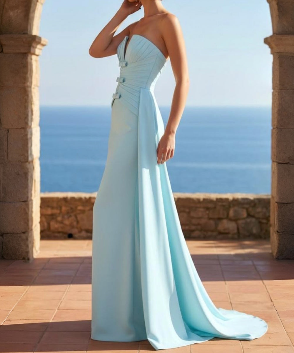 Light Sky‑Blue Strapless Pleated Mermaid Evening Gown With Bow Details & Overlay Train