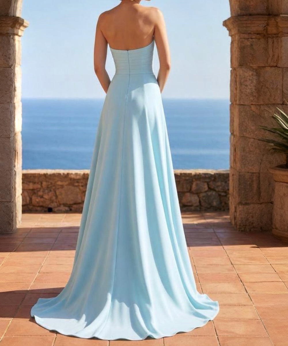 Light Sky‑Blue Strapless Pleated Mermaid Evening Gown With Bow Details & Overlay Train
