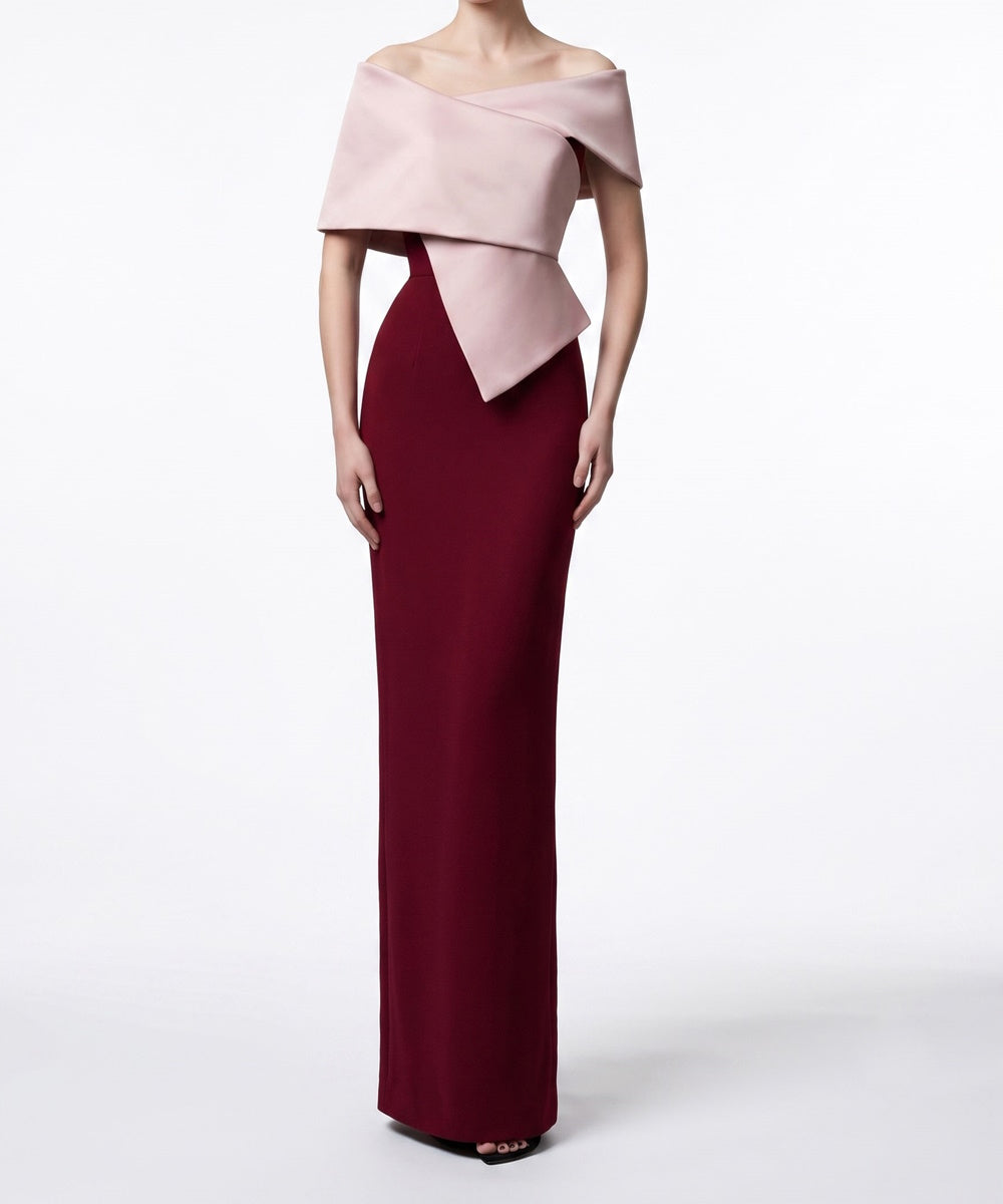 Two‑Tone Off‑The‑Shoulder Structured Column Evening Gown