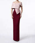 Two‑Tone Off‑The‑Shoulder Structured Column Evening Gown