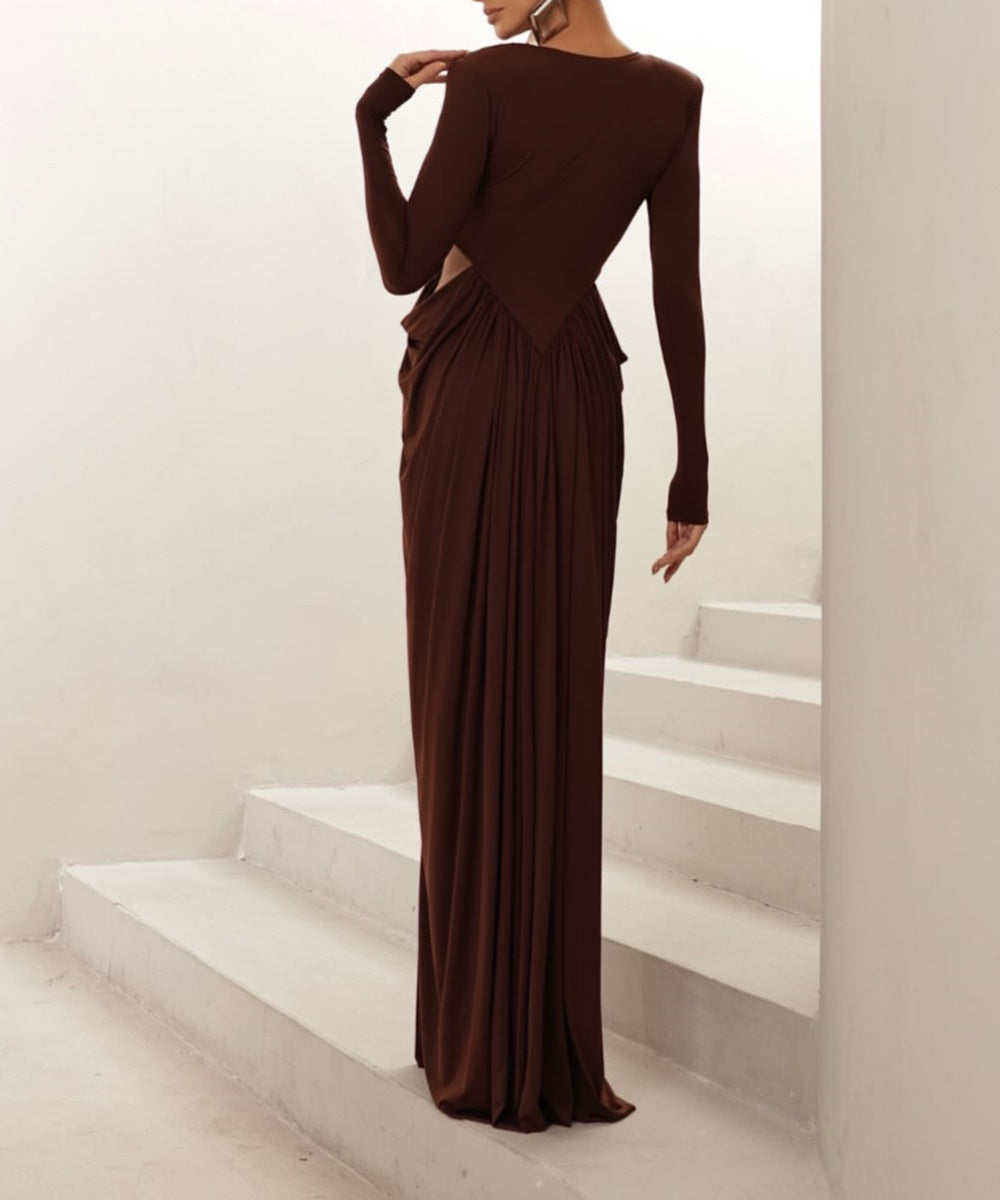 Long Sleeve Cut‑Out Draped Maxi Evening Gown