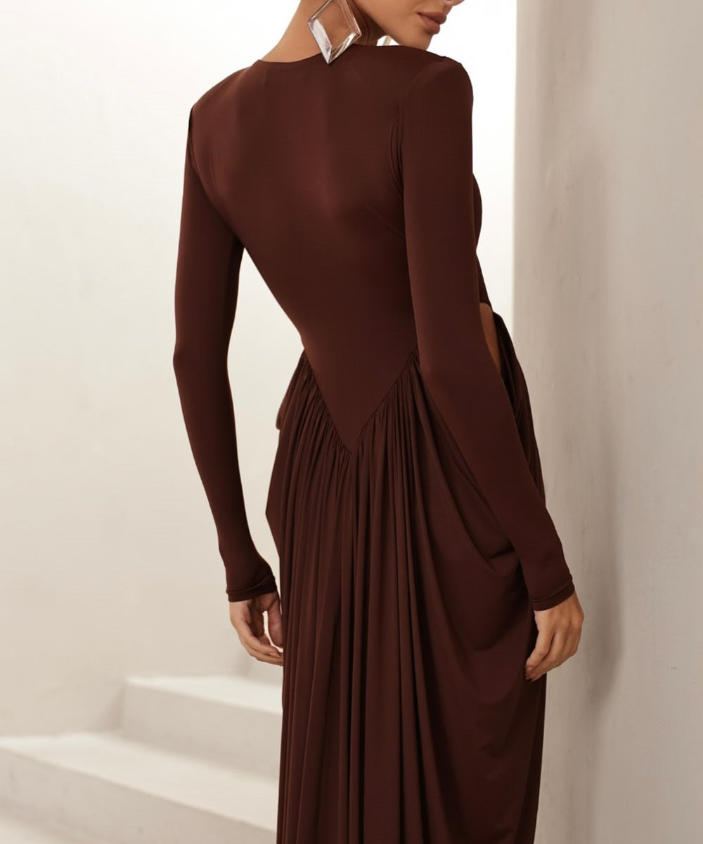 Long Sleeve Cut‑Out Draped Maxi Evening Gown
