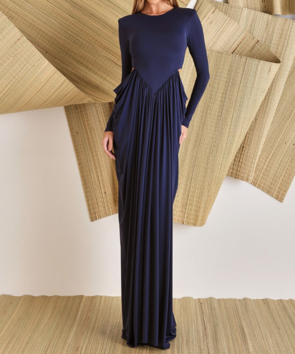 Long Sleeve Cut‑Out Draped Maxi Evening Gown