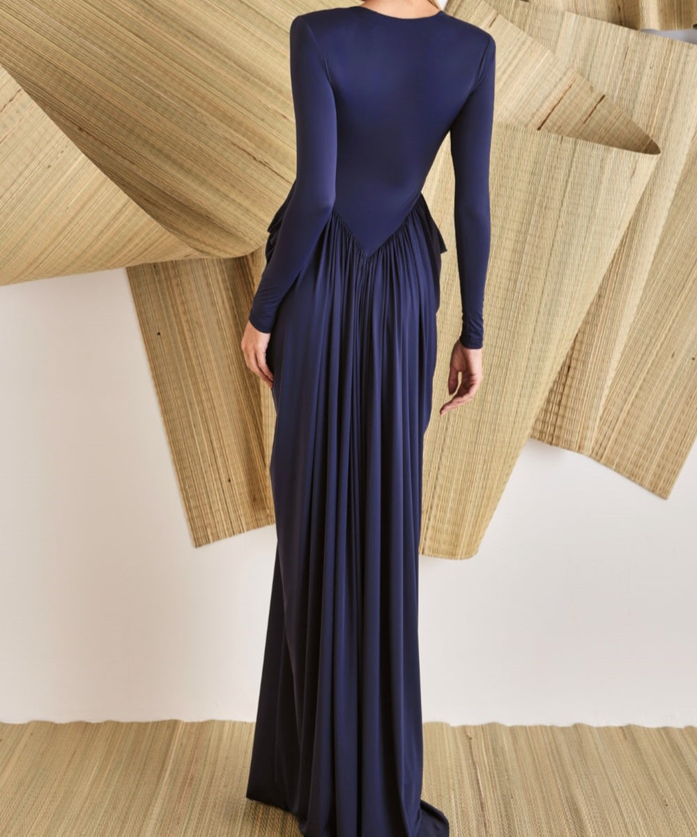 Long Sleeve Cut‑Out Draped Maxi Evening Gown
