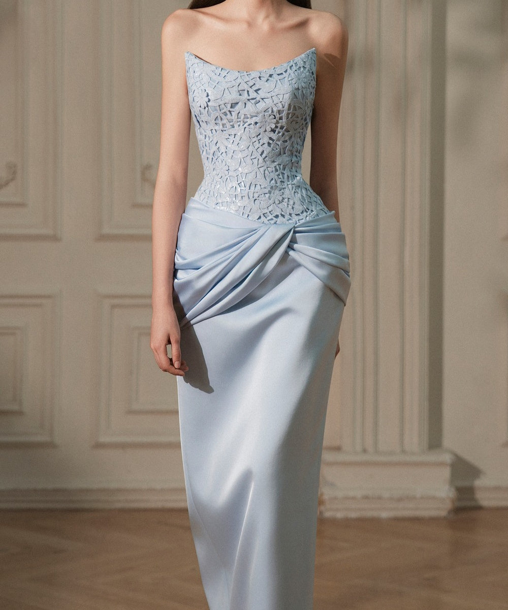 Light Blue Strapless Lace Sequin Satin Draped Midi Evening Dress
