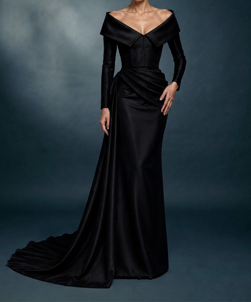 Black Satin Off‑the‑Shoulder Mermaid Evening Gown With Draped Train