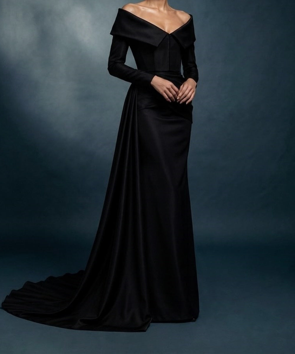 Black Satin Off‑the‑Shoulder Mermaid Evening Gown With Draped Train