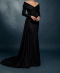 Black Satin Off‑the‑Shoulder Mermaid Evening Gown With Draped Train