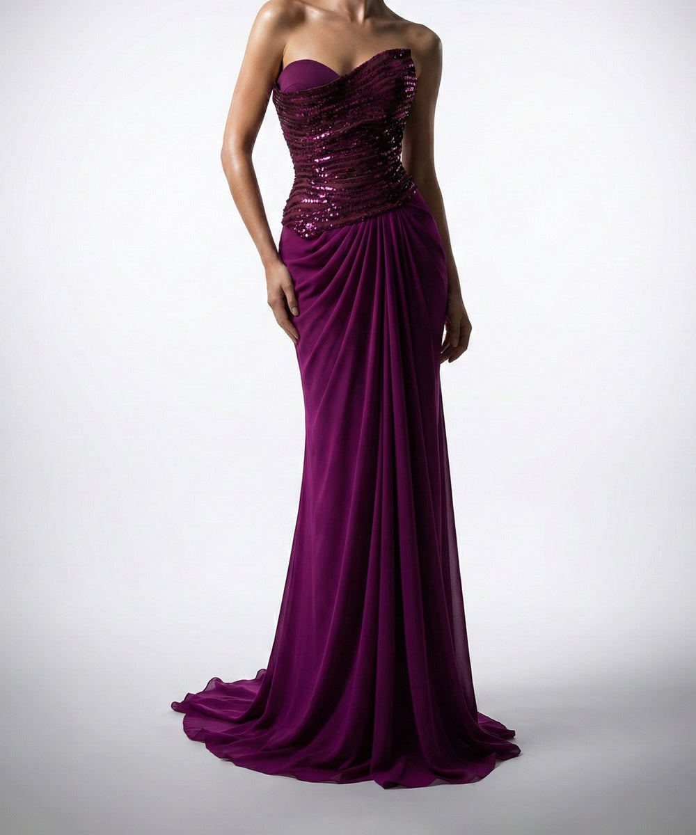 Strapless Sequin Bodice Draped Chiffon Mermaid Evening Gown