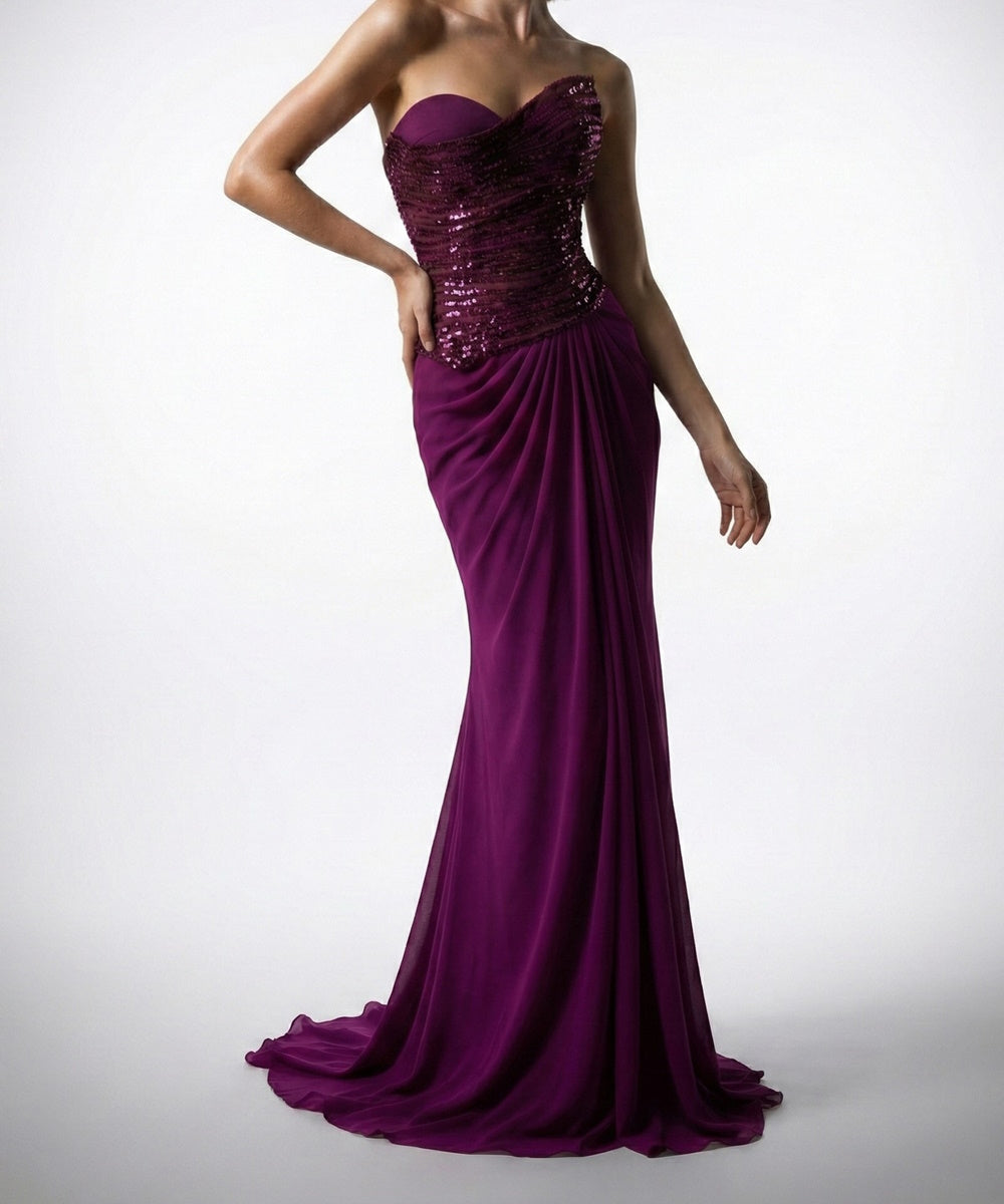 Strapless Sequin Bodice Draped Chiffon Mermaid Evening Gown