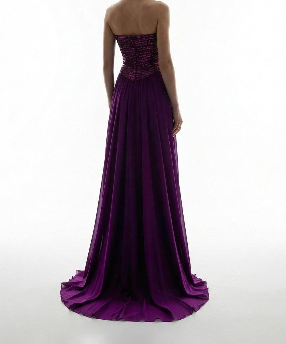 Strapless Sequin Bodice Draped Chiffon Mermaid Evening Gown