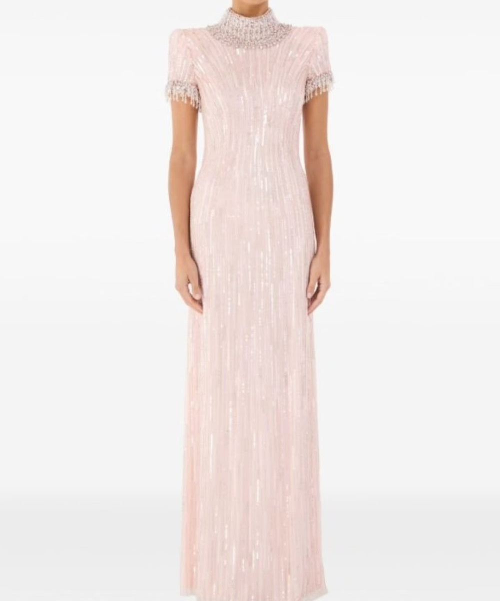 Blush Pink High Neck Beaded Sequin Short Sleeve Mermaid Evening Gown