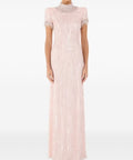 Blush Pink High Neck Beaded Sequin Short Sleeve Mermaid Evening Gown