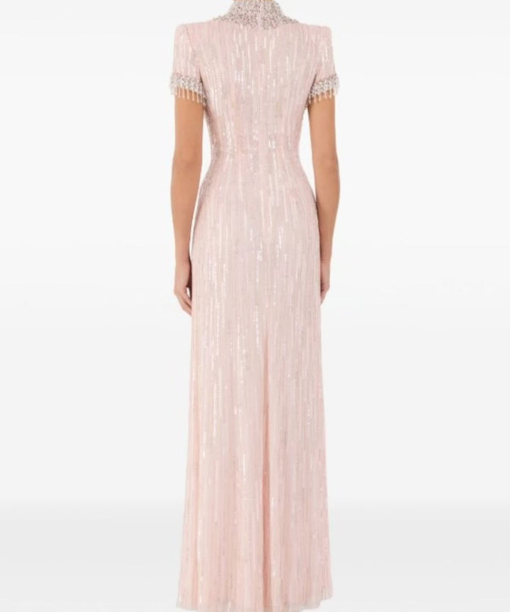 Blush Pink High Neck Beaded Sequin Short Sleeve Mermaid Evening Gown