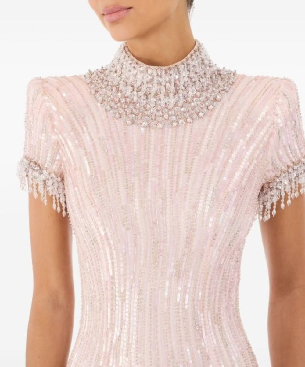 Blush Pink High Neck Beaded Sequin Short Sleeve Mermaid Evening Gown