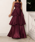 Strapless Satin Tiered Ruffle A‑Line Formal Evening Gown