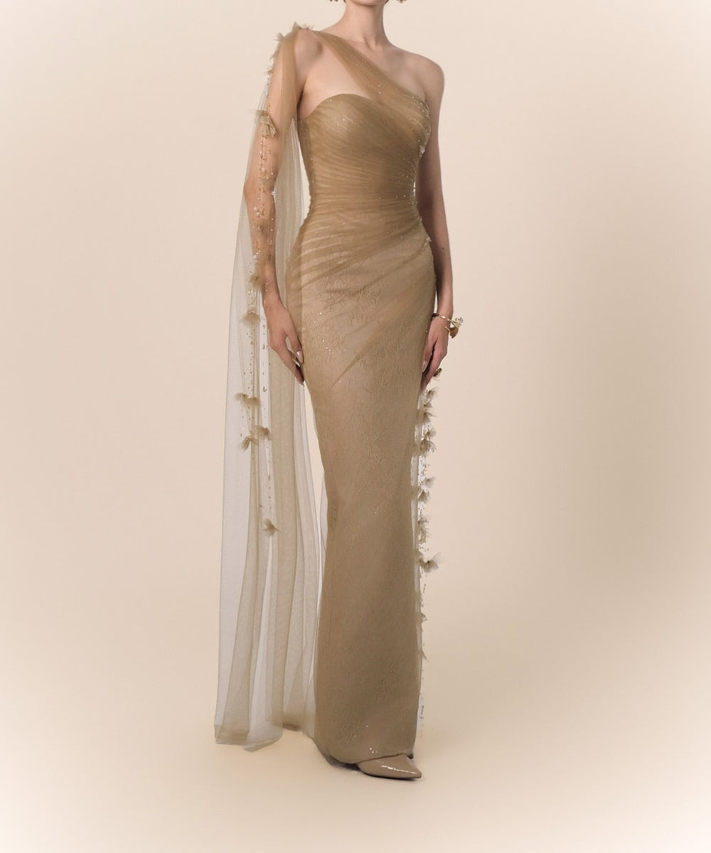 Champagne One‑Shoulder Beaded Lace Mermaid Evening Gown With Tulle Cape