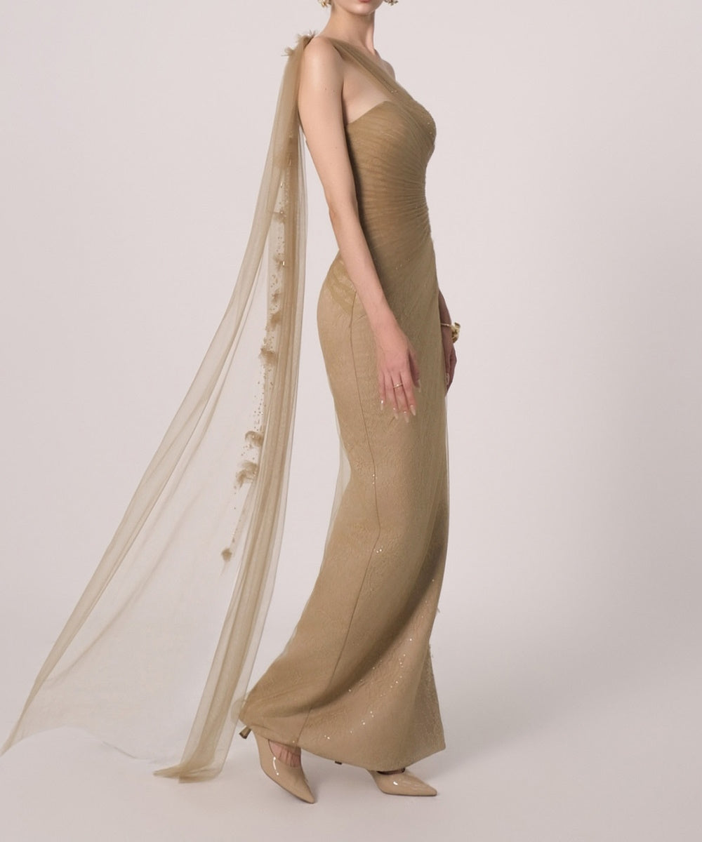Champagne One‑Shoulder Beaded Lace Mermaid Evening Gown With Tulle Cape