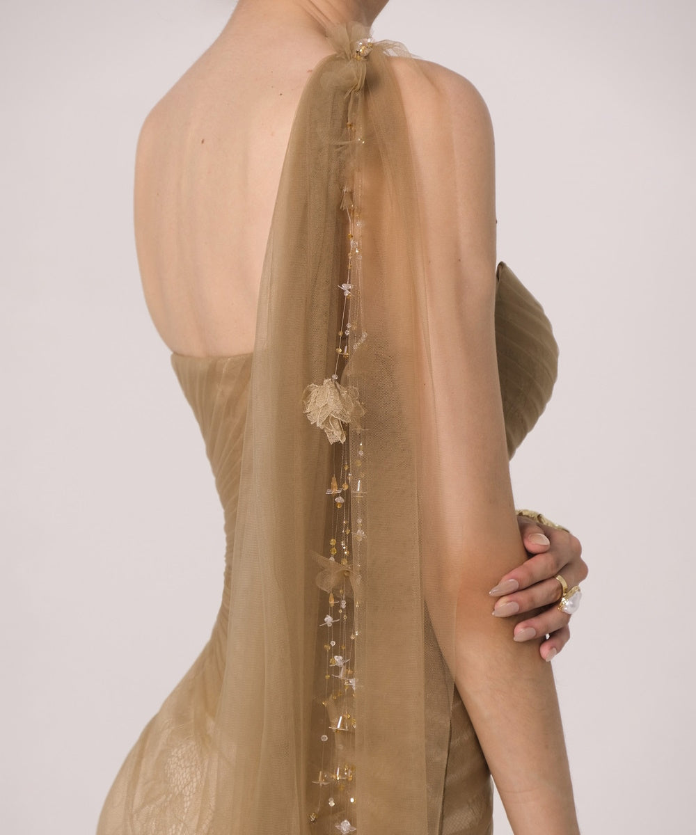 Champagne One‑Shoulder Beaded Lace Mermaid Evening Gown With Tulle Cape