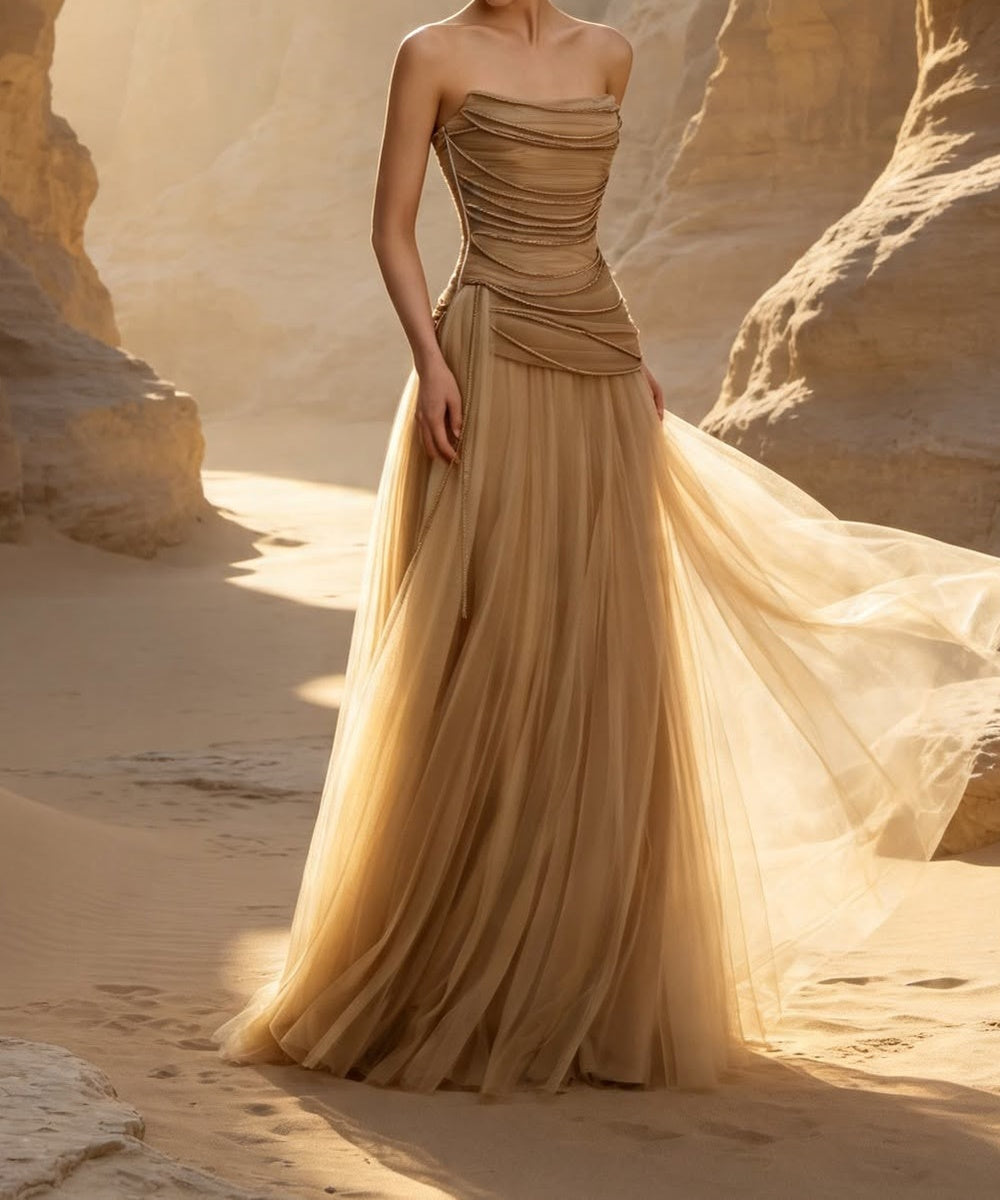 Strapless Ruched Beaded Tulle A‑Line Evening Gown