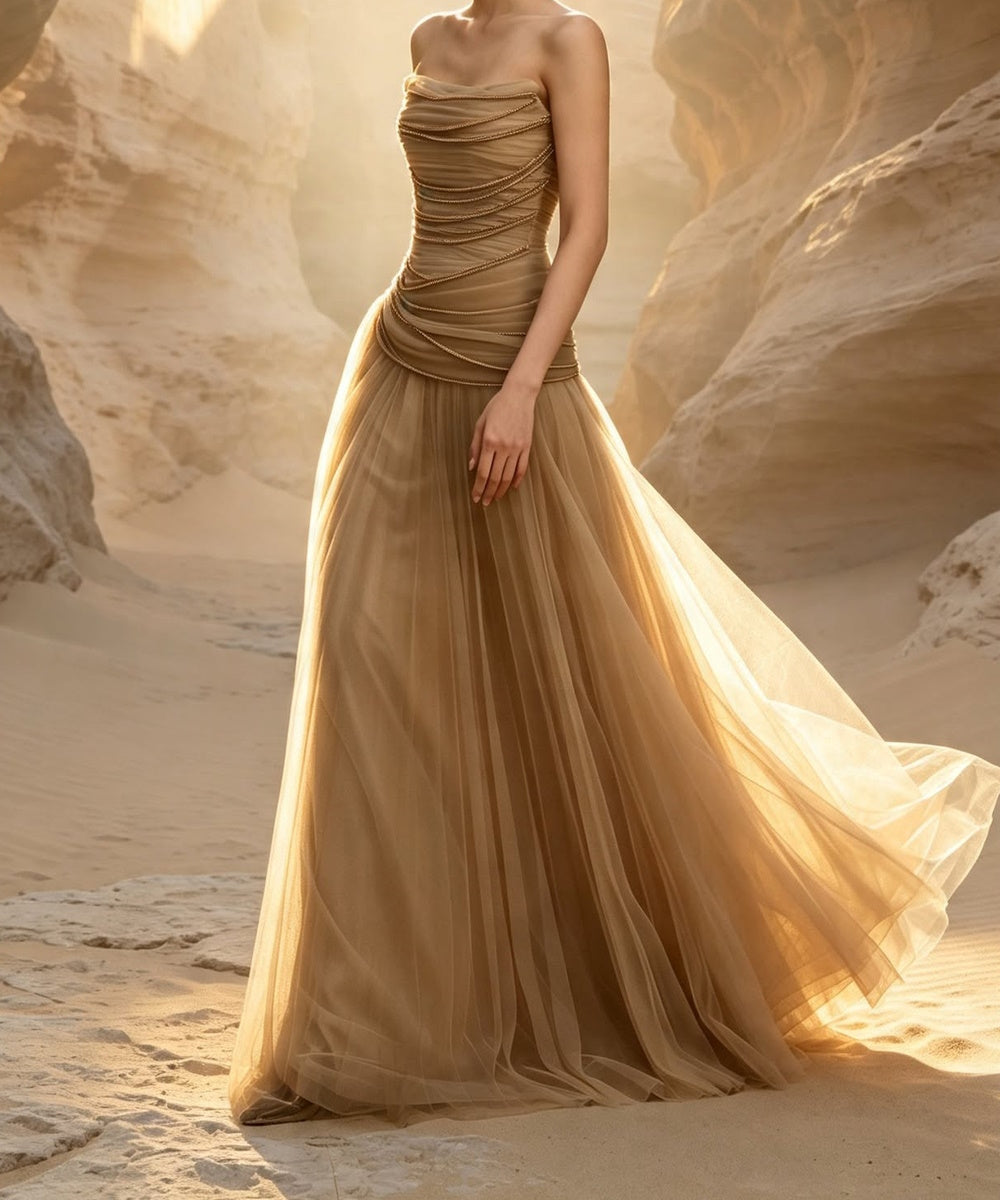 Strapless Ruched Beaded Tulle A‑Line Evening Gown