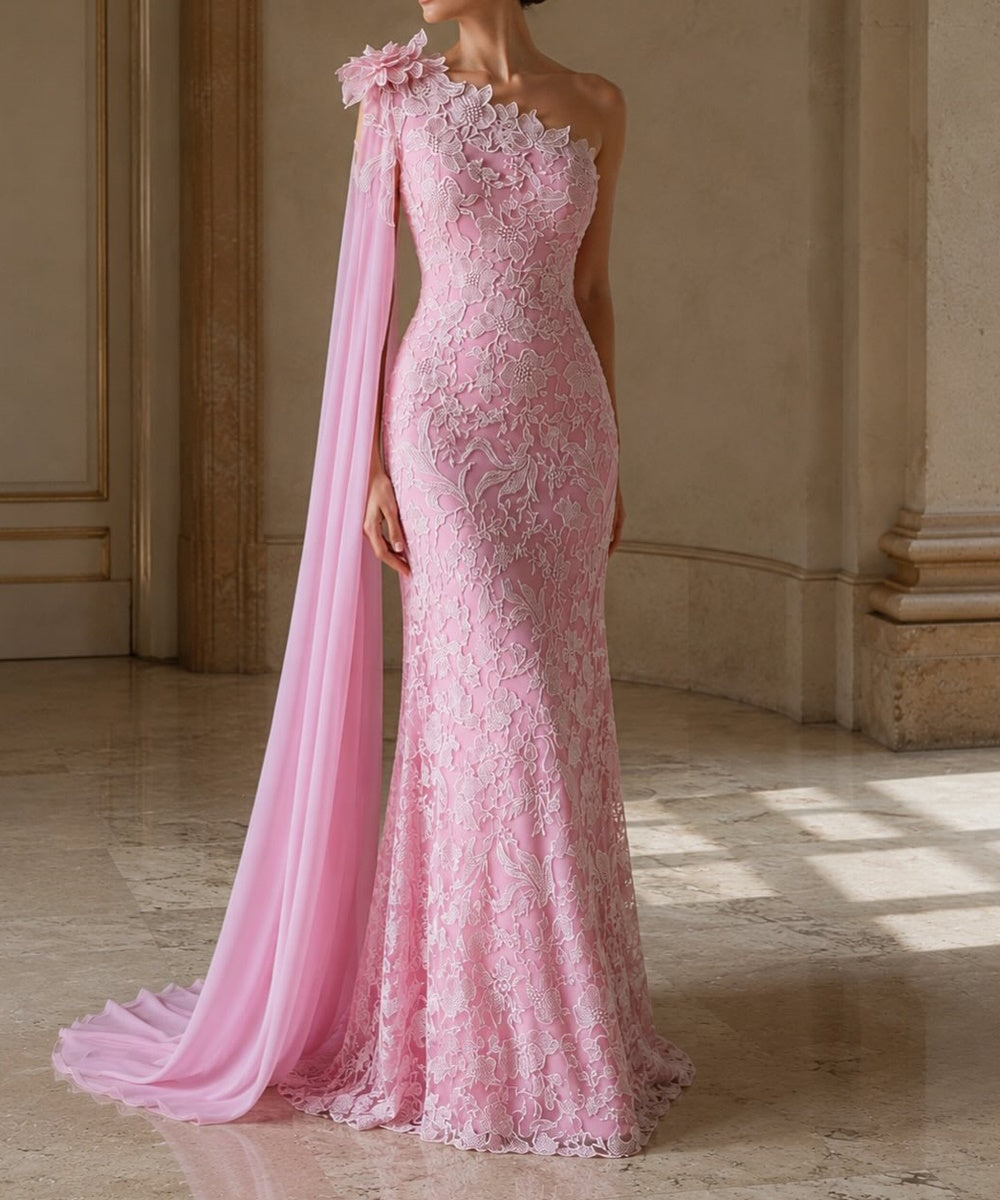 Pink One‑Shoulder 3D Floral Lace Mermaid Evening Gown With Chiffon Cape Train
