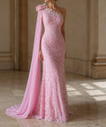 Pink One‑Shoulder 3D Floral Lace Mermaid Evening Gown With Chiffon Cape Train