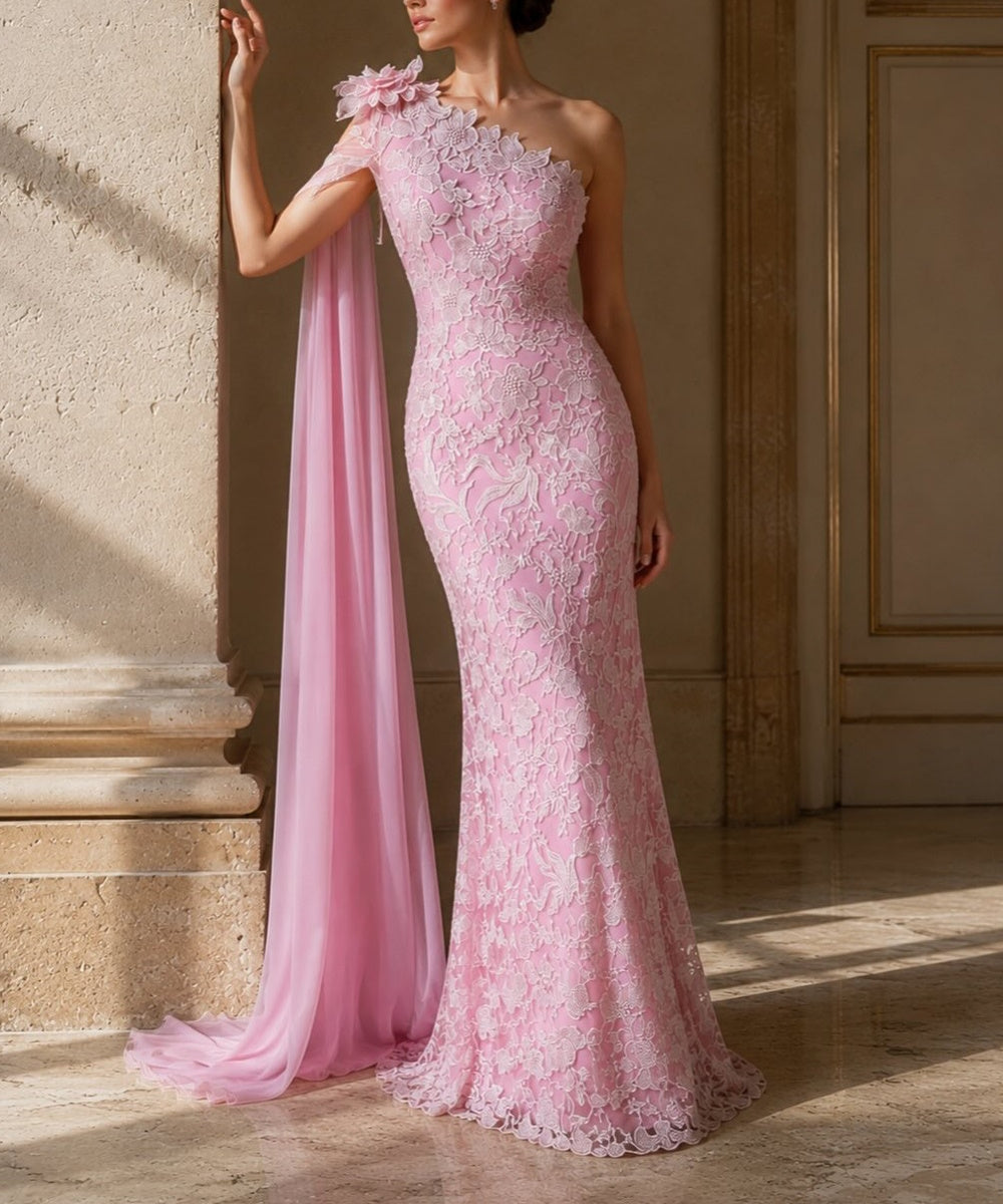 Pink One‑Shoulder 3D Floral Lace Mermaid Evening Gown With Chiffon Cape Train
