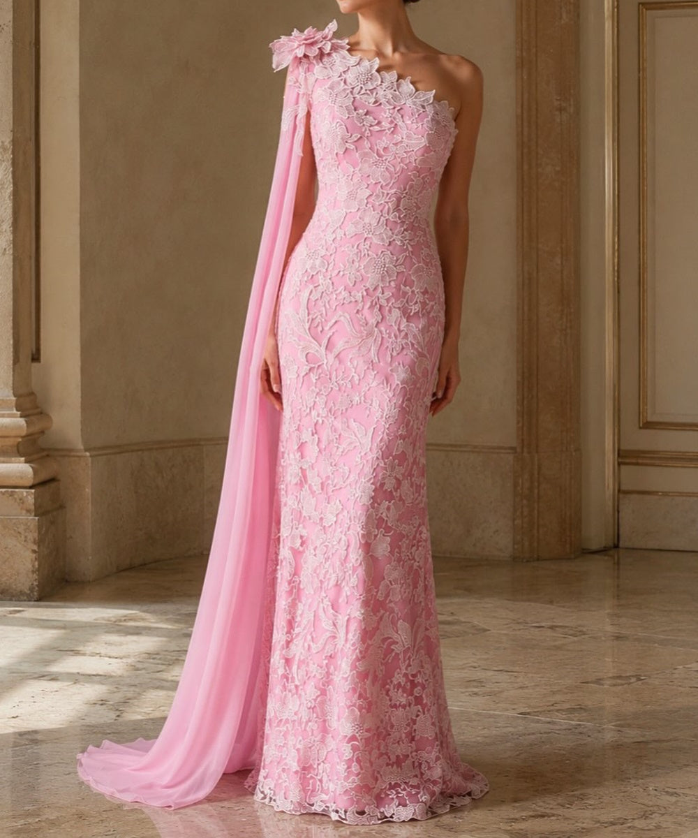 Pink One‑Shoulder 3D Floral Lace Mermaid Evening Gown With Chiffon Cape Train